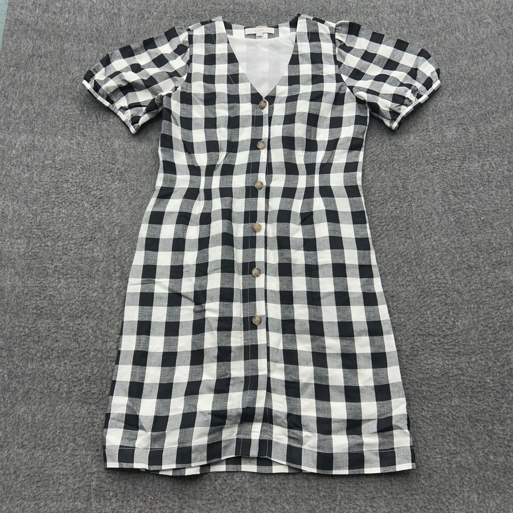 LOFT Dress 4 Black White Gingham Linen Blend Button Front Puff Sleeve Shift